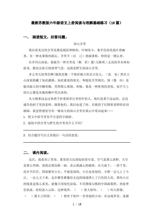 最新苏教版六年级语文上册阅读与理解基础练习(10篇)