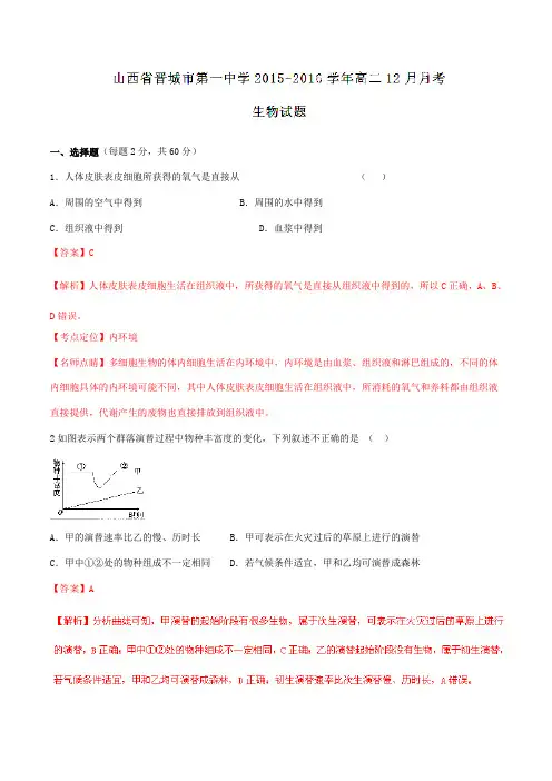 【全国百强校】山西省晋城市第一中学2015-2016学年高二12月月考生物试题解析(解析版)