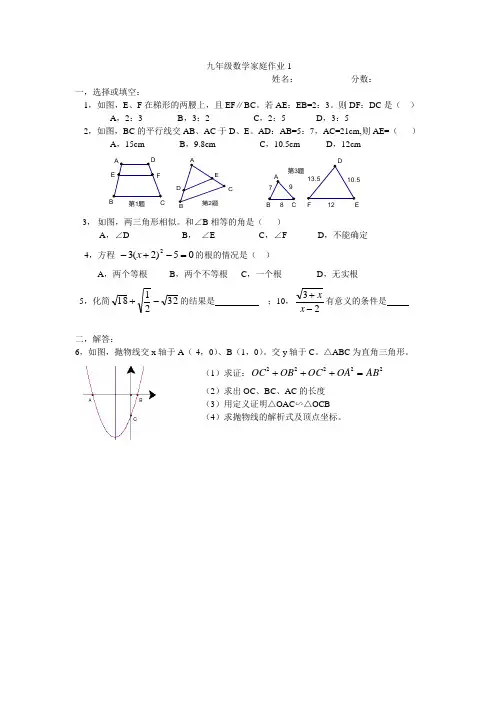 九年级数学家庭作业