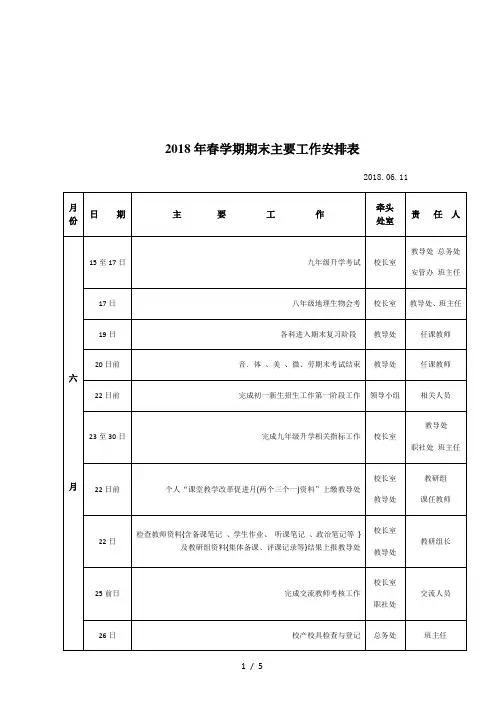 2018年春学期期末主要工作安排表