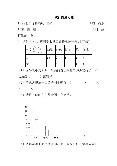 五年级数学下册条形统计图折线统计图统计练习及答案