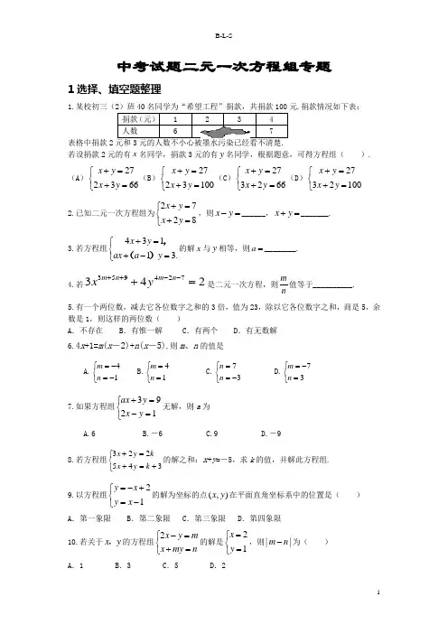 北师大版中考数学_二元一次方程组专题练习