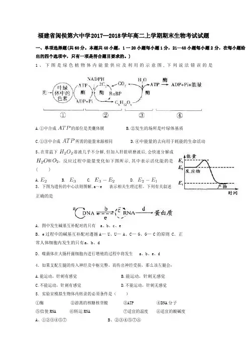 福建省闽侯第六中学2017-2018学年高二上学期期末考试生物试题(word版附答案)