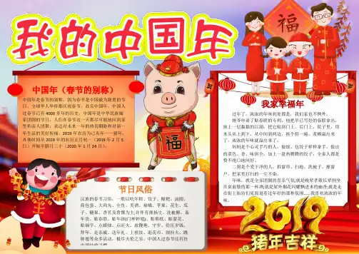 2019年猪年春节小学生电子小报word手抄报(我的中国年卡通主题,可编辑A4版)