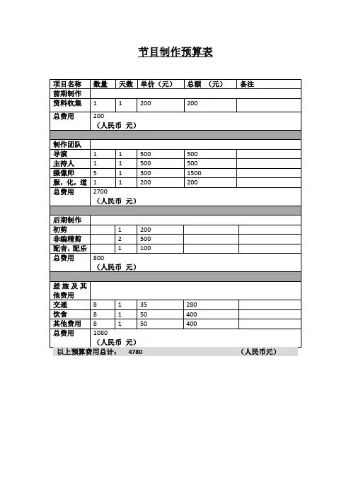电视节目制作预算表