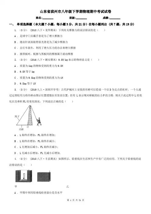 山东省滨州市八年级下学期物理期中考试试卷