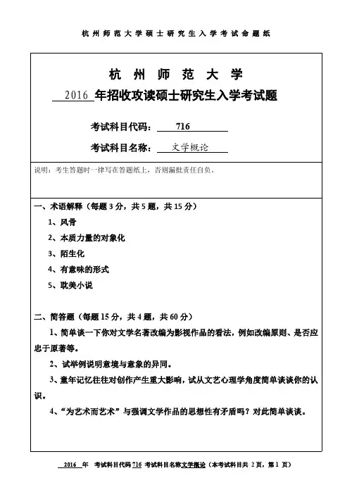 杭州师范大学文学概论考研试题(2016年~2017年)