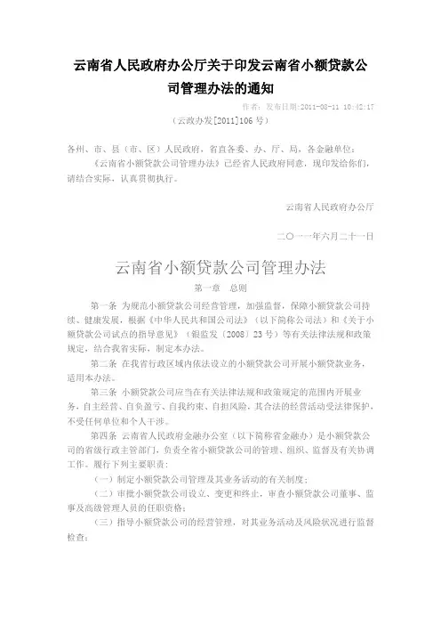 云南省小额贷款公司管理办法