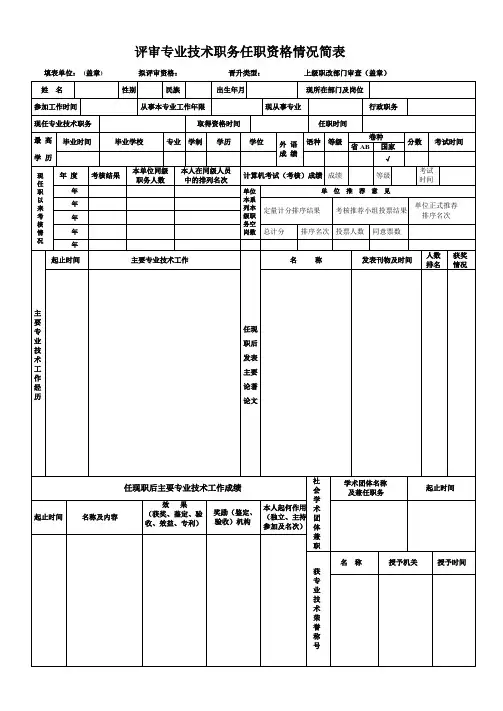 评审专业技术职务任职资格情况简表