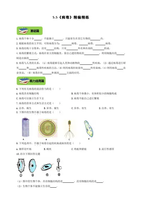 人教版八年级生物上册5.5《病毒》同步练习(含答案)