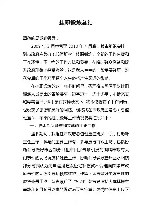 在市政府总值班室挂职锻炼工作总结