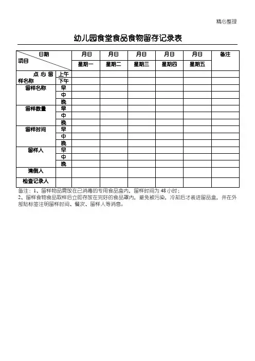 幼儿园食堂食品食物留存记录表格模板