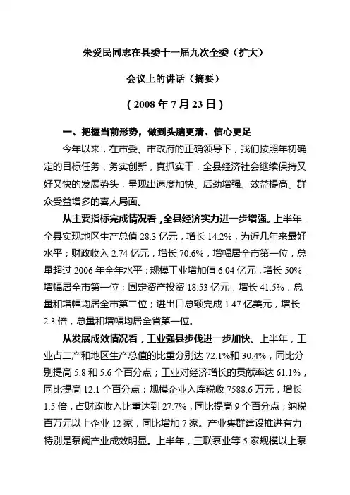 朱爱民同志在县委十一届九次全委