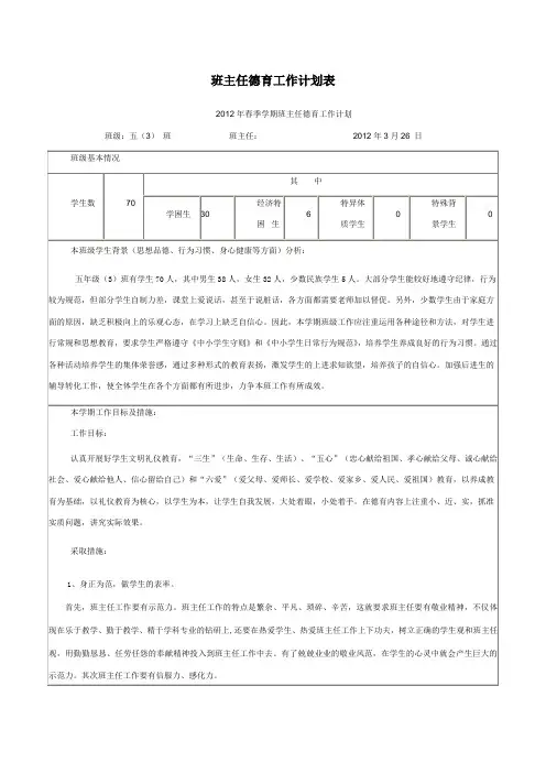 班主任德育工作计划表(五3班)
