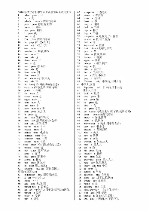 武汉市初中毕业生英语学业考试词汇表