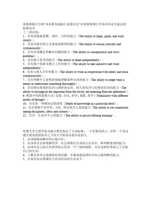 普林斯顿大学、哈佛大学对本科生的要求
