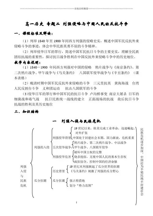 高一历史 专题二 列强侵略与中国人民的反抗斗争精编版