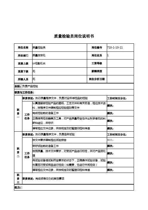 质量检验员岗位职务说明