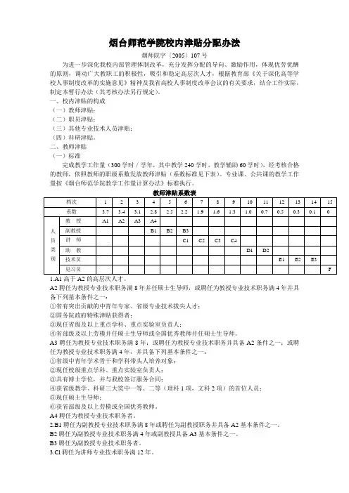 烟台师范学院校内津贴分配办法