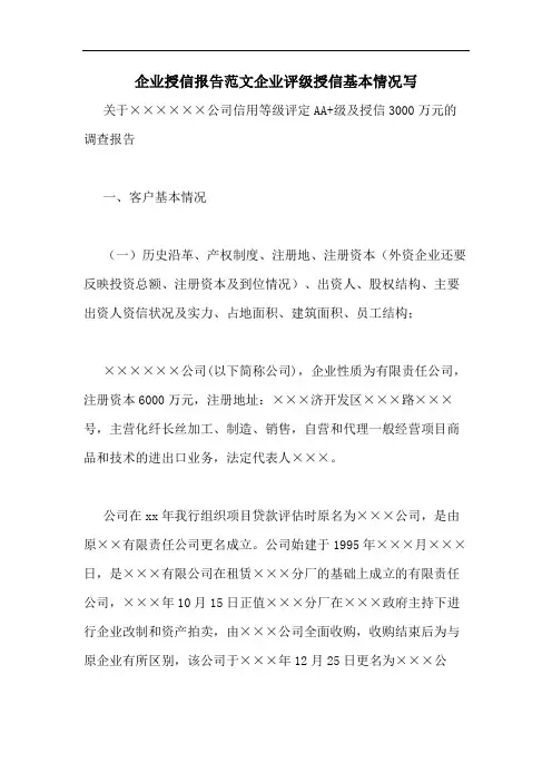 企业授信报告范文企业评级授信基本情况写