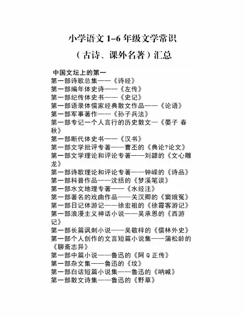 小升初语文1-6年级文学常识(古诗、课外名著)汇总