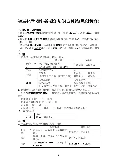 1初三化学《酸碱盐》知识点总结