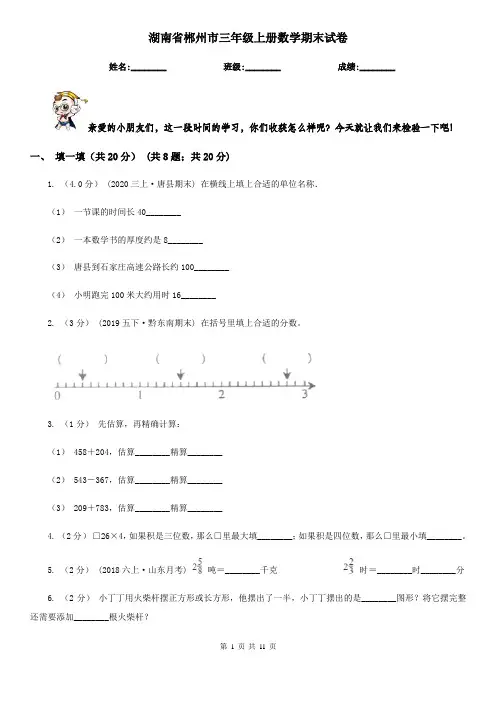 湖南省郴州市三年级上册数学期末试卷