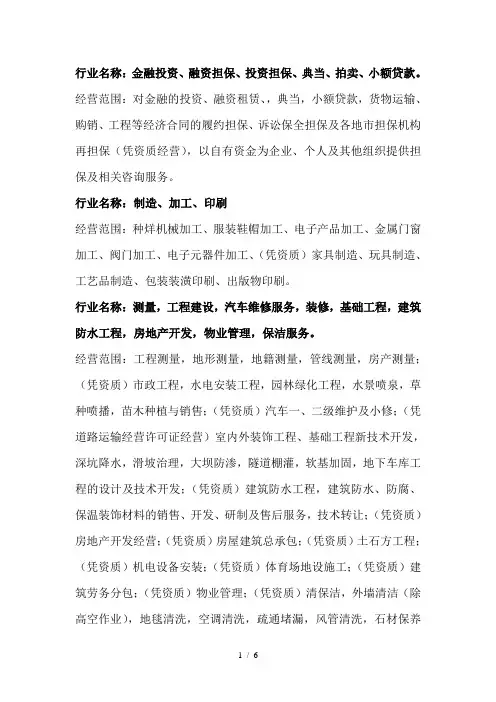 各种行业名称