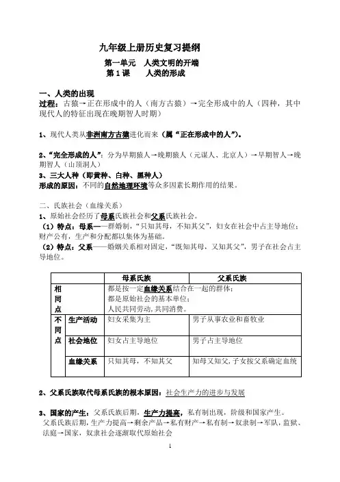 人教版九年级上册历史复习提纲