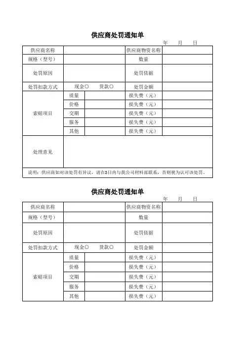 供应商处罚通知单