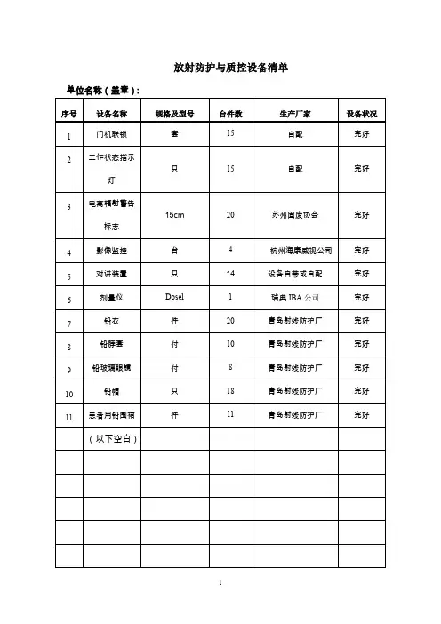 放射防护与质控设备清单