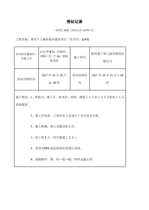 混凝土砼浇筑监理旁站记录 2