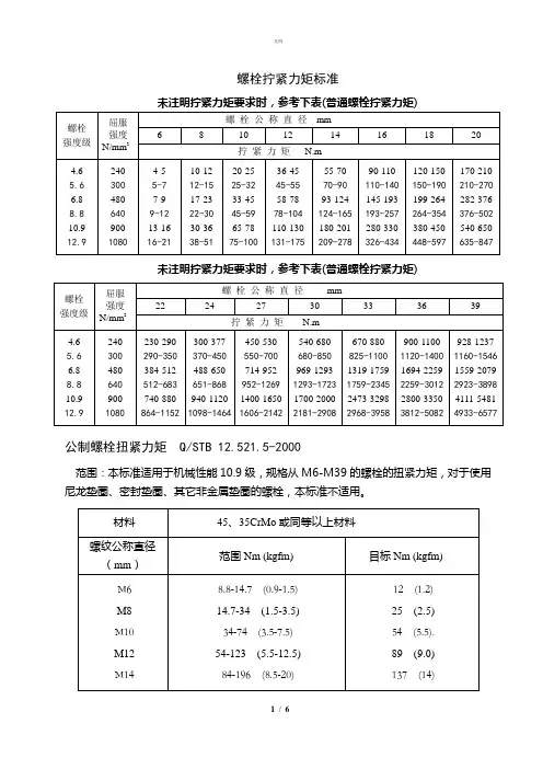 螺栓拧紧力矩及标准 2
