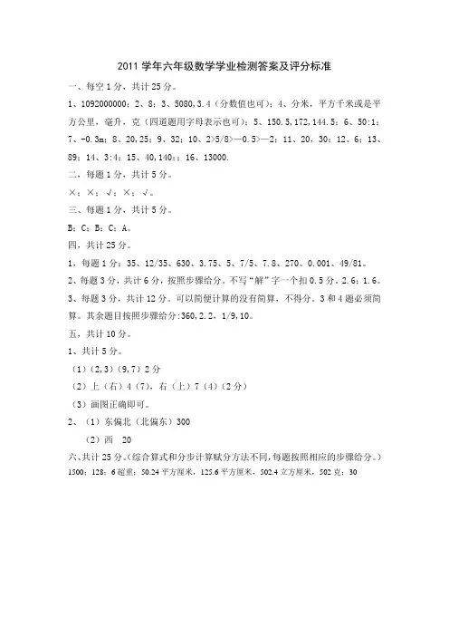 2011学年六年级毕业数学试卷答案及评分标准