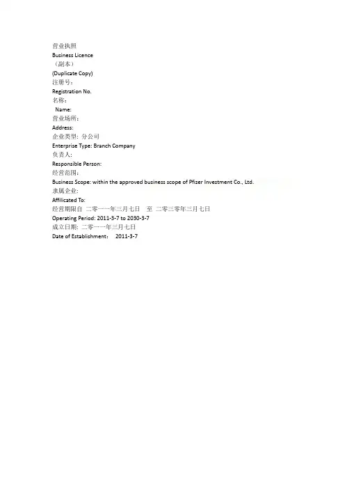 公司营业执照英文译本
