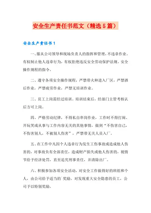 安全生产责任书范文(精选5篇)