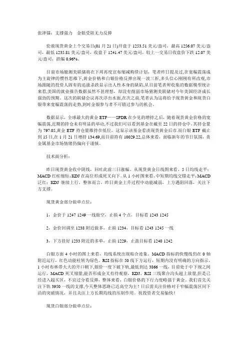 张津镭：支撑强力  金银受阻无力反弹