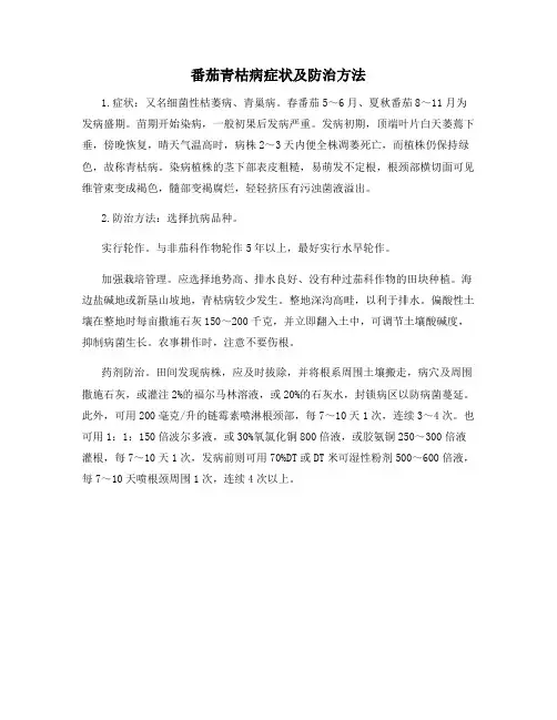 番茄青枯病症状及防治方法