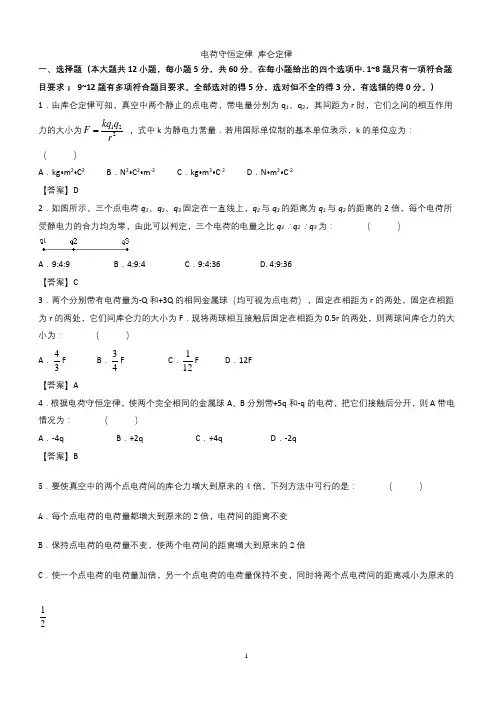 人教版高二物理选修3-1各章节单元测试卷 1.1电荷守恒定律、库仑定律(带答案)