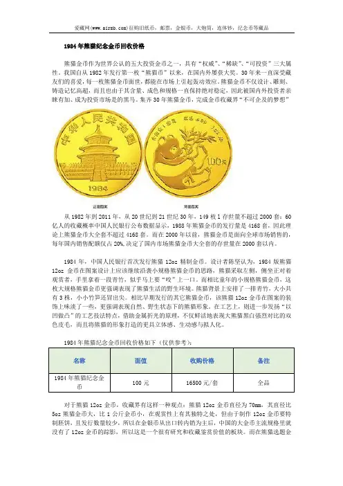 1984年熊猫纪念金币回收价格