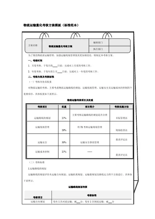 最新物流运输量化考核方案模板(标准范本