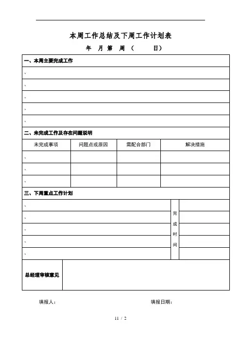 本周工作总结及下周工作计划表