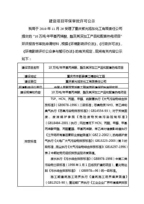 重庆紫光旭东化工有限责任公司提交的“10万吨年甲基丙烯酸、酯及其深加工产品和配套热电项目