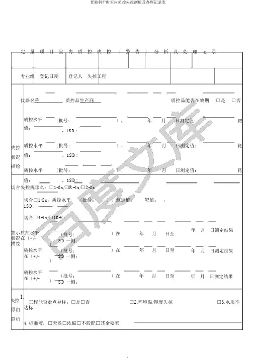 检验科日常室内质控失控分析及处理记录表