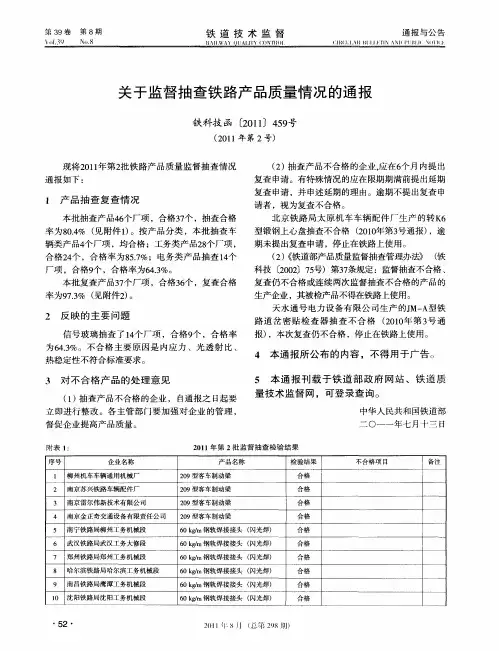 关于监督抽查铁路产品质量情况的通报 3
