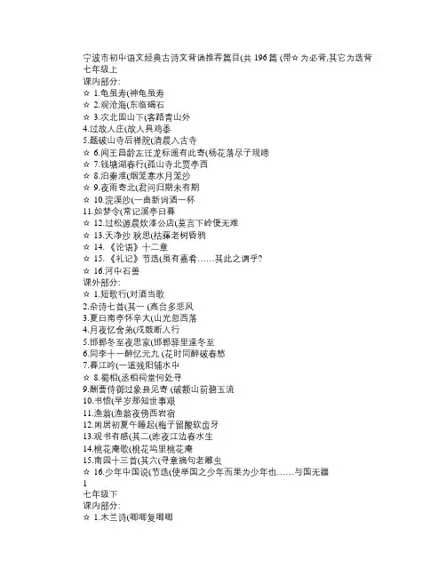 初中语文经典古诗文背诵推荐篇目(共196篇)