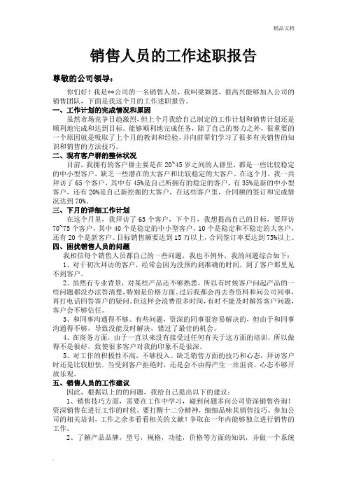 销售人员的工作述职报告