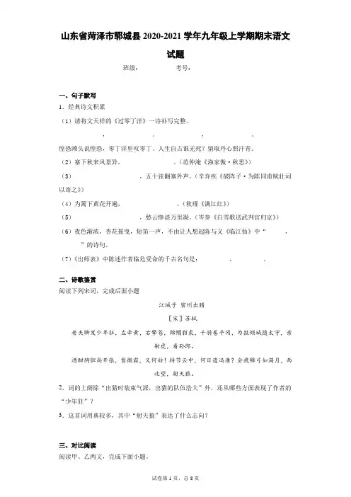 山东省菏泽市郓城县2020-2021学年九年级上学期期末语文试题(word版含答案)