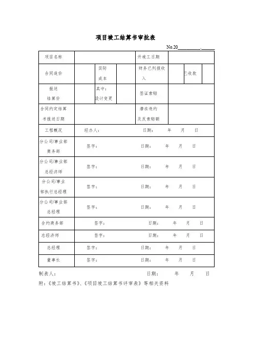 项目竣工结算书审批表