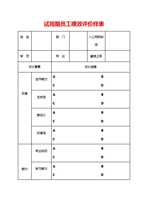 试用期员工绩效评价样表